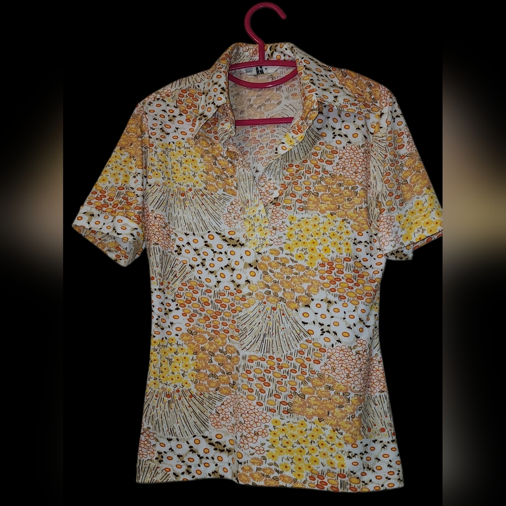 L 70s Top Sears Comfort Shirt Floral Print Boho Hippie Vintage Retro